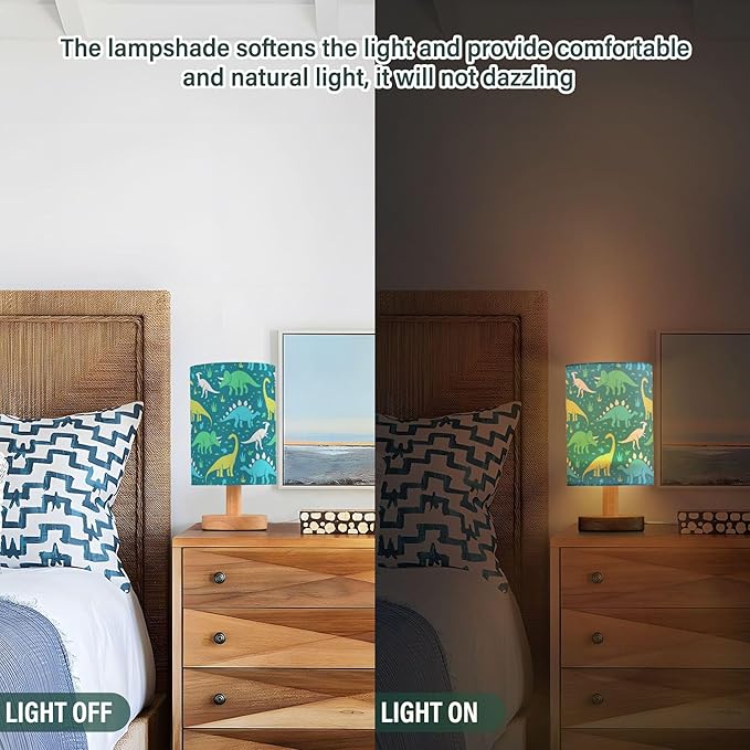 Table Lamp Cartoon Dinosaurs Grass Pattern Nightstand Lamp with Wood Base Fabric Lamp Shade Bedside Desk Lamp for Living Room Bedroom Kids Room Office - Bloomnest