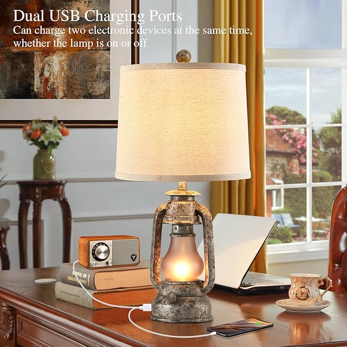 RORIANO Farmhouse Rustic Table Lamps for Living Room Set of 2, Vintage Lantern Table Lamp with Dual USB Ports, Retro Nightstand Lamp for Bedroom Bedside, 4 Bulbs Included (Iron Gray) - Bloomnest