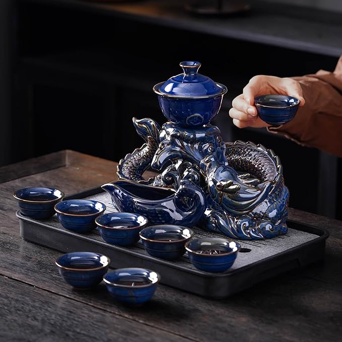 Semi Automatic Tea Set Ceramic Teapot with Infuser Magic Teapot with 8 cups (Dark Blue Dragon-D) - Bloomnest