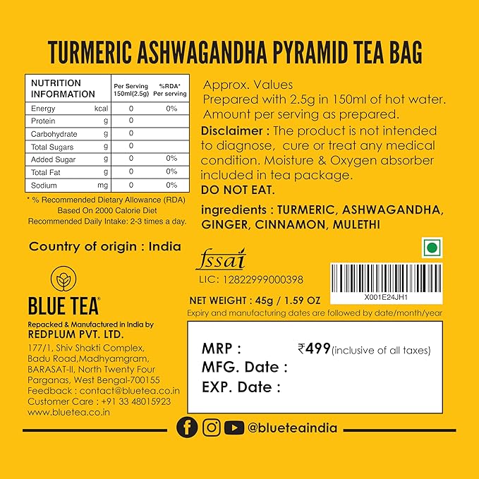 BLUE TEA - Turmeric Tea - Ashwagandha - 15 Count - Plant Based Tea Bag | CURCUMIN RICH - HERBAL BLEND | Herbal Tea - Caffeine Free - Non-GMO - Vegan - Gluten Free - No Sugar | Reusable Tin Pack - Bloomnest