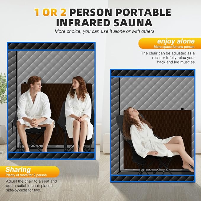 Smartmak Portable Infrared Sauna,1 or 2 Person Oversize Infrared Sauna Box with 660nm Red Light Therapy, Full Body Sauna Tent for Home, Folding Chair (Blue-2 Person) Smartmak