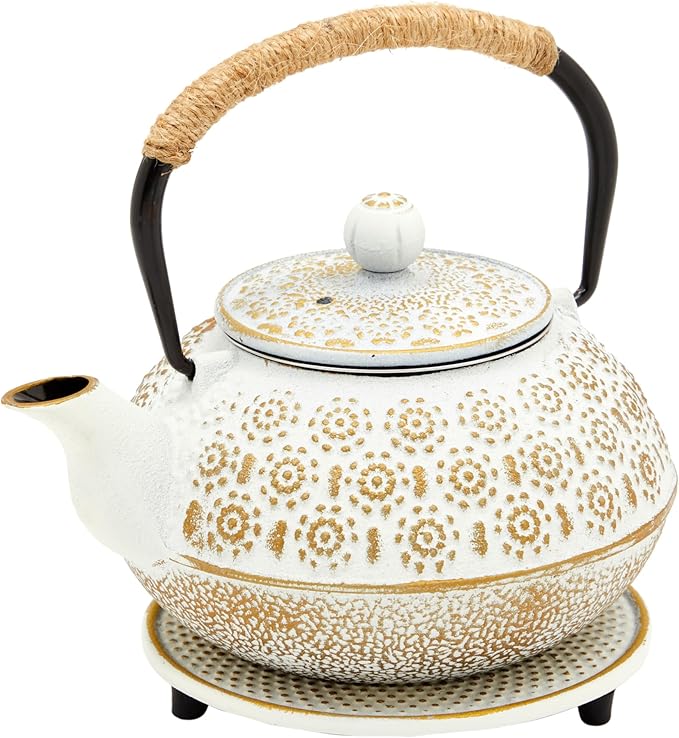 Juvale Stovetop Cast Iron Tea Kettle with Infuser - Superior Heat Retention Loose Leaf Tea Pot - Built-In Teapot with Strainer - Includes Trivet & Infuser Kettle - White, 27 Oz (800 ml) - Bloomnest