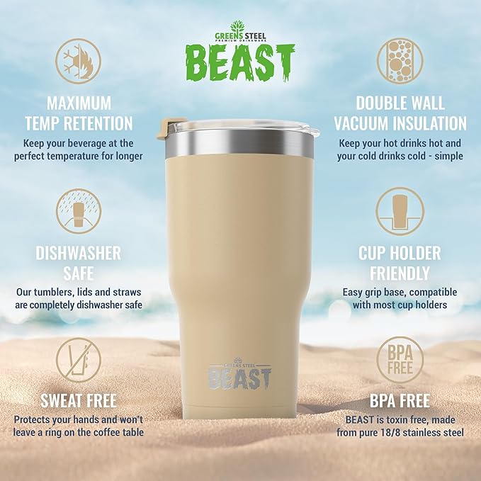Beast 30 oz Tumbler Stainless Steel Vacuum Insulated Coffee Ice Cup Double Wall Travel Flask (Sand) - Bloomnest