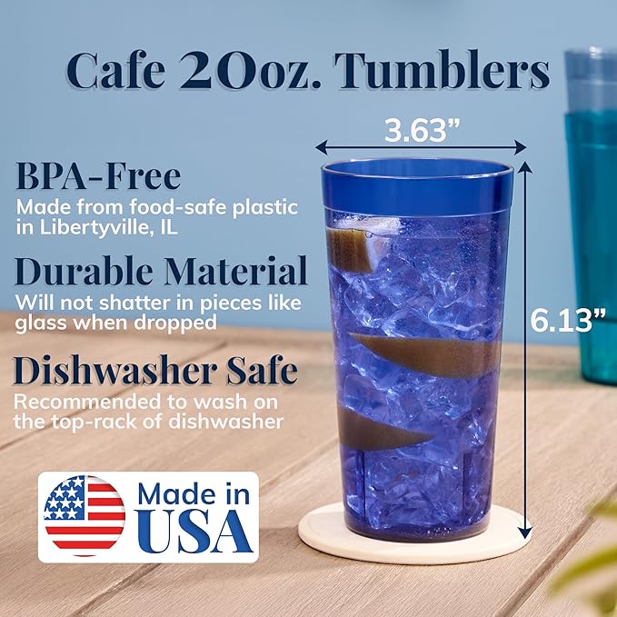 US Acrylic Cafe Plastic Reusable Tumblers (Set of 16) 20-ounce Water Cups Coastal Colors | Restaurant Style Drinking Glasses Value Set, Stackable, BPA-free, Made in the USA | Top-rack Dishwasher Safe - Bloomnest