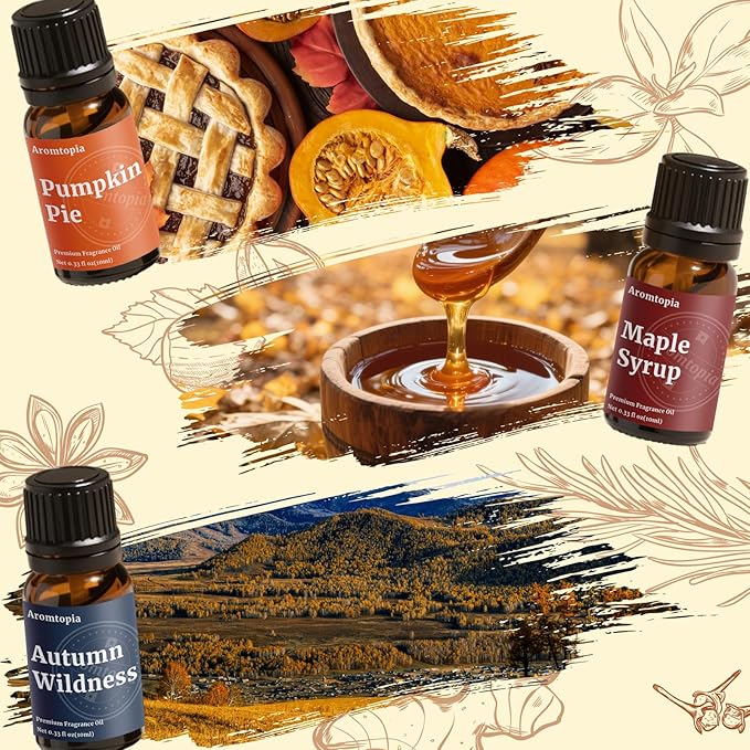 Diffuser Essential Oils, Aromtopia Fall Fragrance Oil for Candle Making, Essential Oils for Diffusers for Home, 6x10ml Autumn Set, Soap Making Scents, Pumpkin Pie, Musk Vanilla, Autumn Wildness, More - Bloomnest