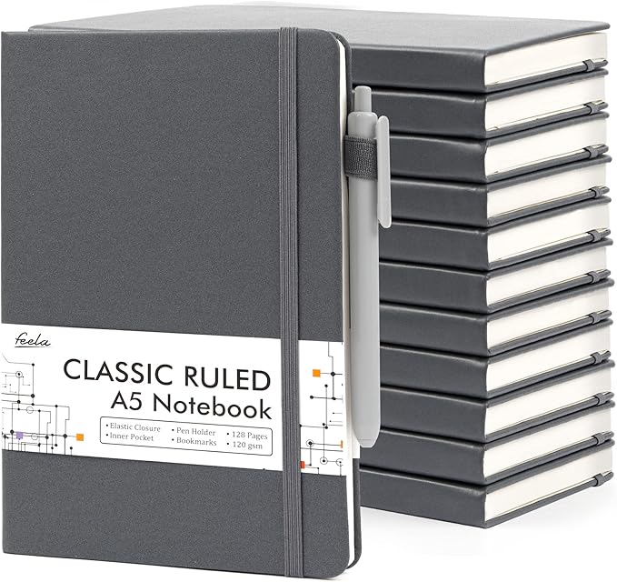 12 Pack Notebooks Journals Bulk with 12 Black Pens, Feela A5 Hardcover Notebook Classic Ruled Journal Set with Pen Holder for School Business Work Travel Writing, 120 GSM, 5.1”x8.3”, Gray - Bloomnest