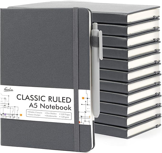 12 Pack Notebooks Journals Bulk with 12 Black Pens, Feela A5 Hardcover Notebook Classic Ruled Journal Set with Pen Holder for School Business Work Travel Writing, 120 GSM, 5.1”x8.3”, Gray - Bloomnest