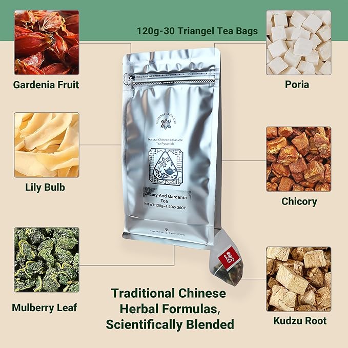 ADMIRINGAZELAND Chicory & Gardenia Tea with Mulberry Leaf, 30 Count - Pyramid Teabags, 6 Ingredients - Lily Bulb, Poria, Kudzu Root - Chinese Herbal Blend, Night Harmony Tea, 4.2 oz