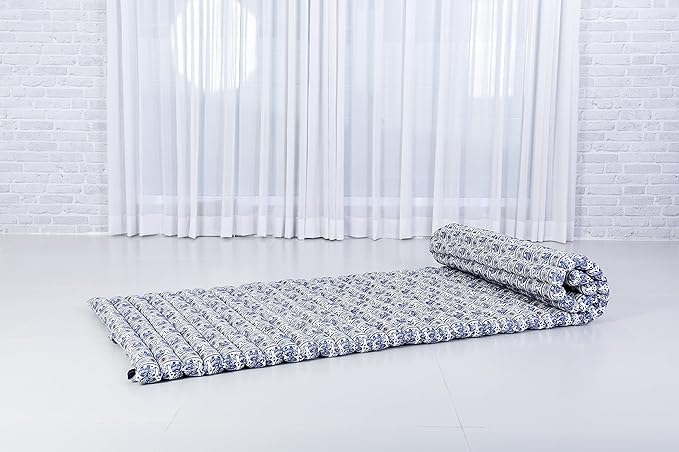 Leewadee - Foldable Floor Mattress - Japanese Roll Up Futon -Trifold Tatami Mat- Guest Floor Bed - Camping Mattress - Thai Massage Mat, Kapok Filled, 75 x 28 inches, Blue White - Bloomnest