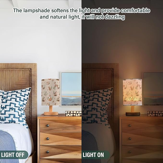 Table Lamp Watercolor Squirrel Mouse Fawn Fox Hare Hedgehog Forest Animal Nightstand Lamp with Wood Base Fabric Lamp Shade Bedside Desk Lamp for Living Room Bedroom Kids Room Office - Bloomnest