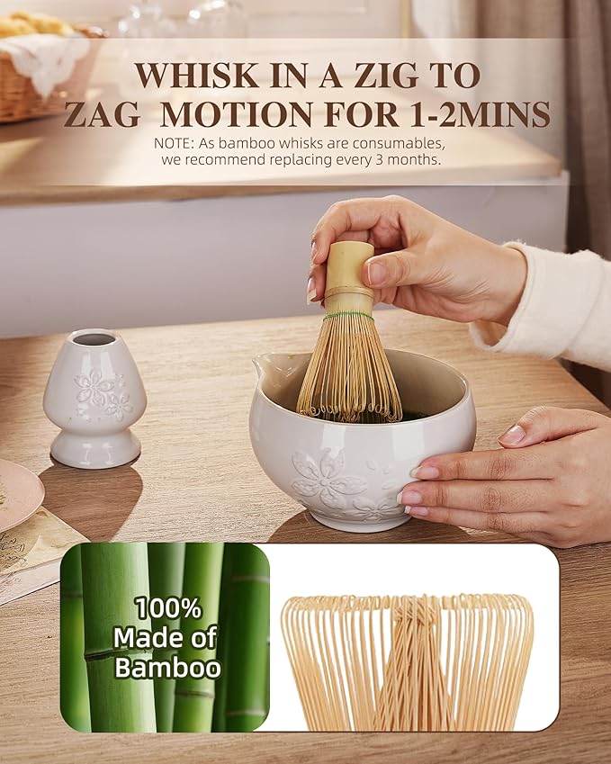 ZENS Matcha Whisk Set, Ceramic Matcha Set Includes 15oz Sakura Bowl, Bamboo Whisk & Chasen Holder, Scoop & Sifter-Tea Towel, 6pcs Matcha Kit for Matcha Lovers, White - Bloomnest