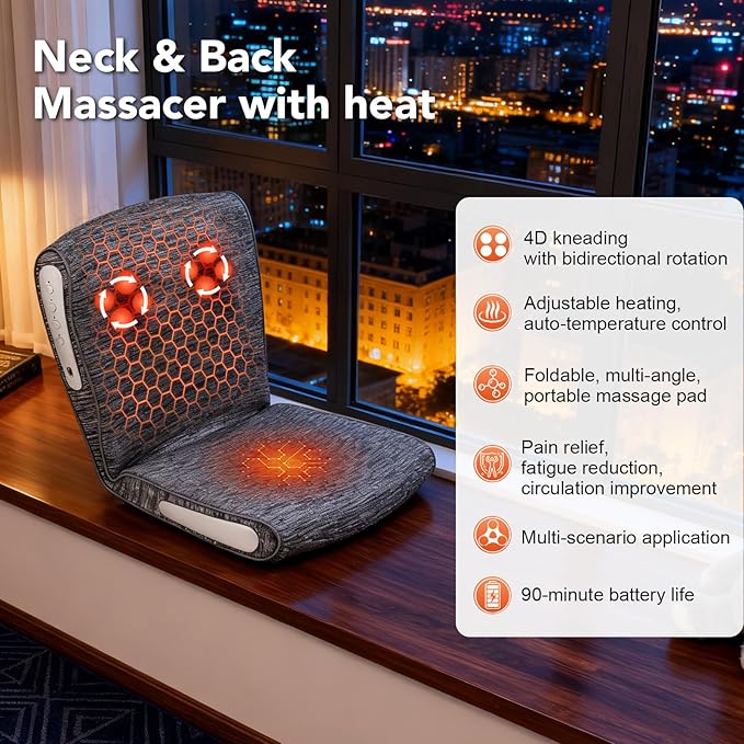 Back and Neck Massager with Heat, Adjustable Massage Cushion for Pain Relief Deep Tissue, Deep Kneading Massage for Relaxation, Massager for Home Office, Gifts for Mom Dad Women Men (Gray) - Bloomnest