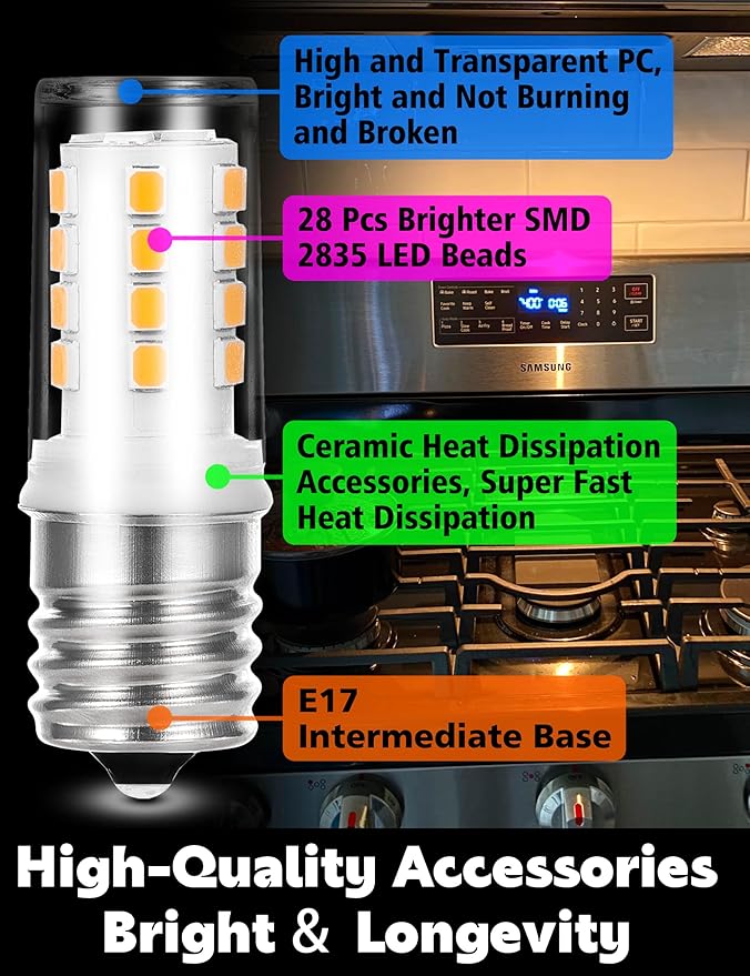 E17 LED Appliance Bulb 25W Equivalent, 2W 300LM 2700K Warm White, 120V Non-Dimmable E17 Intermediate Base T7 Microwave Oven Bulbs Replacement for Range Hood, Stove Top, Refrigerator, Chandelier, 4Pack - Bloomnest