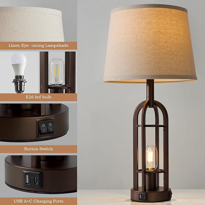 Table Lamps for Living Room End Table Set of 2 - Farmhouse Industrial Bedside Lamps for Bedroom Nightstand with Nightlight and USB A+C, 4 Bulbs Included - Bloomnest