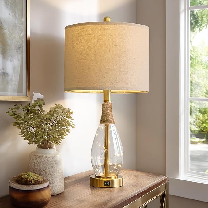 OYEARS 23" Table Lamps for Living Room Set of 2 Bedside Lamps for Night Stands Bedroom Lamps Farmhouse Rattan Boho Lamp Glass Nightlight End Table Lamp with USB C+A (Gold),Two Light Points - Bloomnest