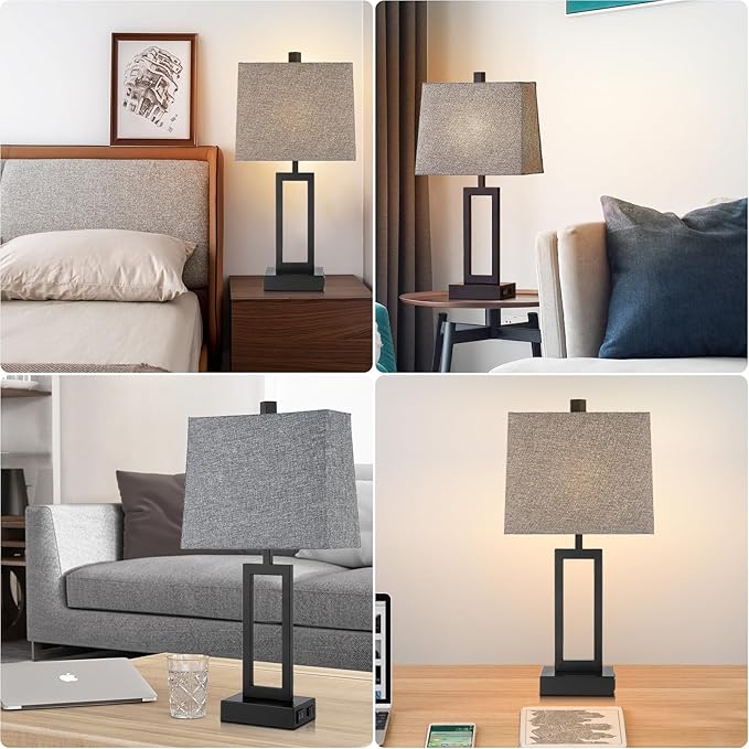 Touch Control Table Lamps Set of 2, Modern Bedside Lamps with USB A+C Ports & AC Outlet, 3 Way Dimmable Contemporary Nightstand Lamps for Bedroom Living Room Gray(LED Bulb Included) - Bloomnest