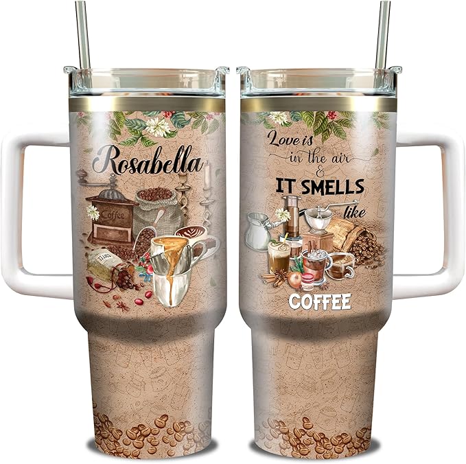 WAZONE Personalized Love Is In The Air And It Smells Like Coffee Tumbler Custom Name Stainless Steel Insulated Tumblers Coffee Travel Mug Cup Birthday Christmas Gifts For Drinkers Women Men - Bloomnest