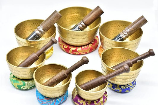 Set of 7 Chakra singing bowl- All in one- Handmade, healing bowls from Nepal-Meditation Bowl,Healing, Great for Meditation, Yoga, Sound Bath, Mindfulness, Relaxation ~ Cushion, Wooden Mallet GKCOKukriHouse