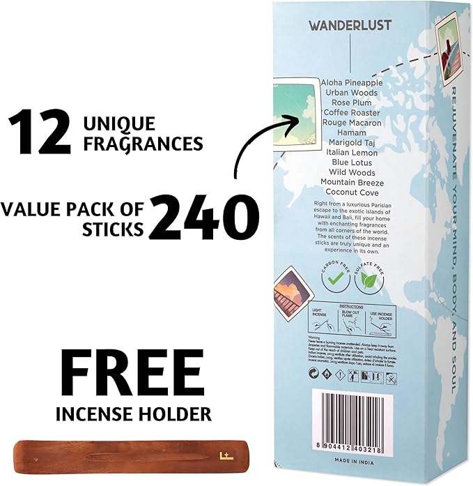 Folkulture Incense Sticks (240 Sticks) | Set of 12 Premium Incense Sticks Variety Pack Aromatherapy Gifts | No Charcoal, Organic, Non Toxic, 45 Mins, Long Burning Vanilla, Caramel, Rose Insence-Sticks FOLKULTURE