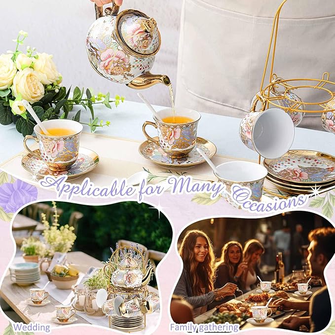 Zhehao 20 Pcs Porcelain Tea Set with Metal Holder and Spoon Adult Ceramic Tea Set European Flower Painting Teapot Cup Saucer Spoon for Women, Large Version(Rustic Style) - Bloomnest