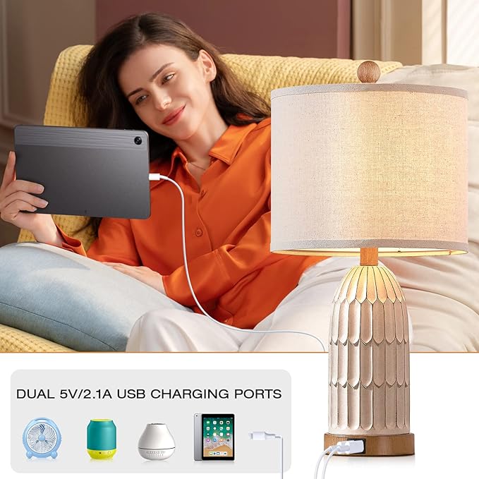 Boho Table Lamps Set of 2, Farmhouse 3-Way Dimmable Touch Nightstand Lamp with 2 USB Charging Ports, White Vintage Bedside Lamp for Bedroom Living Room End Table (Bulbs Included) - Bloomnest