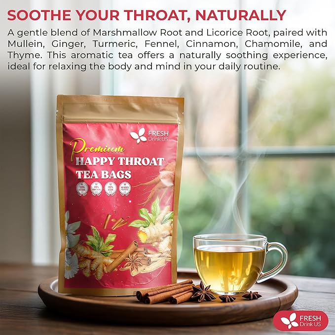Premium Happy Throat Herbal Tea – 135 Bags Of Supper Tea Blend: Marshmallow Root, Slippery Elm & Ginger – Dry & Sore Throat Relief – Caffeine-Free, No Honey, No Citrus – No Sugar - Bloomnest