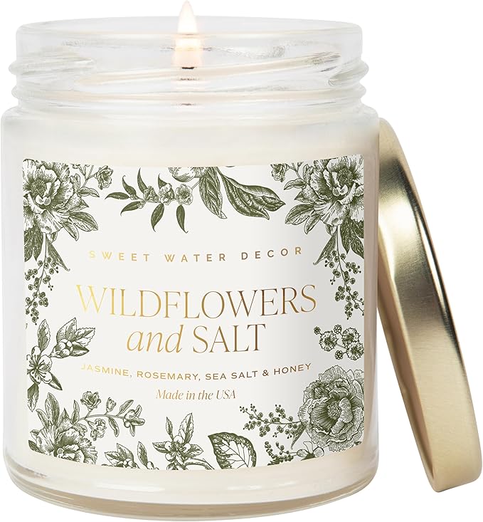 Sweet Water Decor Wildflowers and Salt Patterned Candle – Soy Candles with Rosemary, Lily, Honey, Violet, Amber, Musk Aroma– 40 Hour Burn – 9oz Clear Glass Jar – Ideal for Valentines Presents - Bloomnest