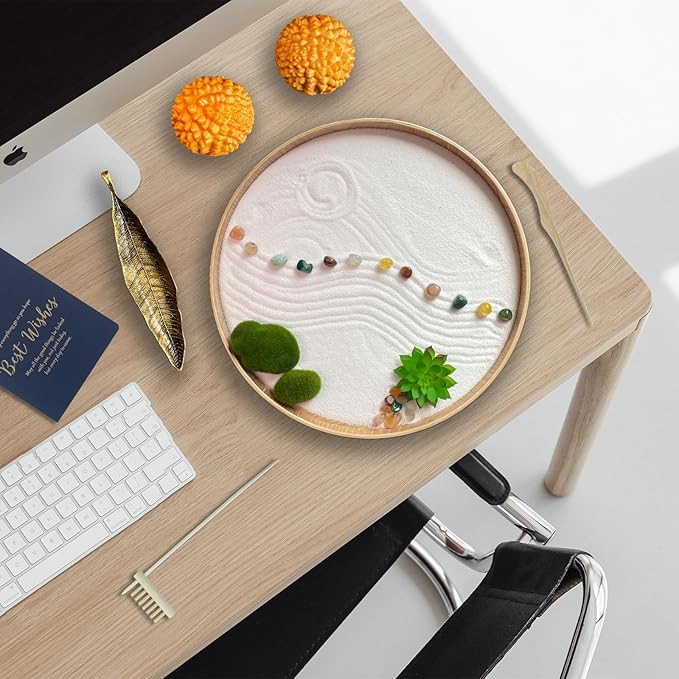 Japanese Zen Garden Kit for Desk, Bamboo Sand Garden Meditation Therapy Tray Gift Set, Mini Zen Décor Office Desktop Accessories - 2 Textured Spheres, Incense with Holder - Bloomnest