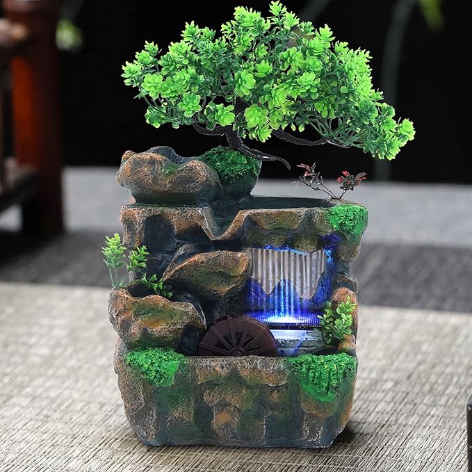 Rockery Tabletop Fountain Water Fountain Rockery Crafts Desktop Simulation Resin Rockery Bonsai with LED Automatic Pump for Office, Home, Bedroom Desk Decoration Gifts (B 7.1x5.9x11.8in) - Bloomnest