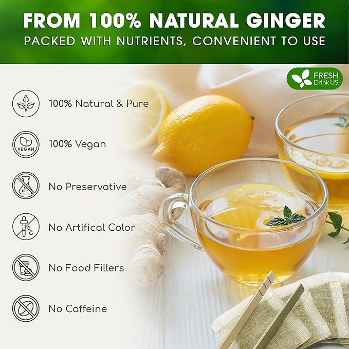 FreshDrinkUS, 150 Premium Ginger Tea Bags, Non GMO, 100% Natural & Pure from Ginger Root, Root Herbal Tea. No Sugar, No Caffeine, No Gluten, Vegan. Support Stronger Digestion, Pleasantly Spicy & Warming - Bloomnest