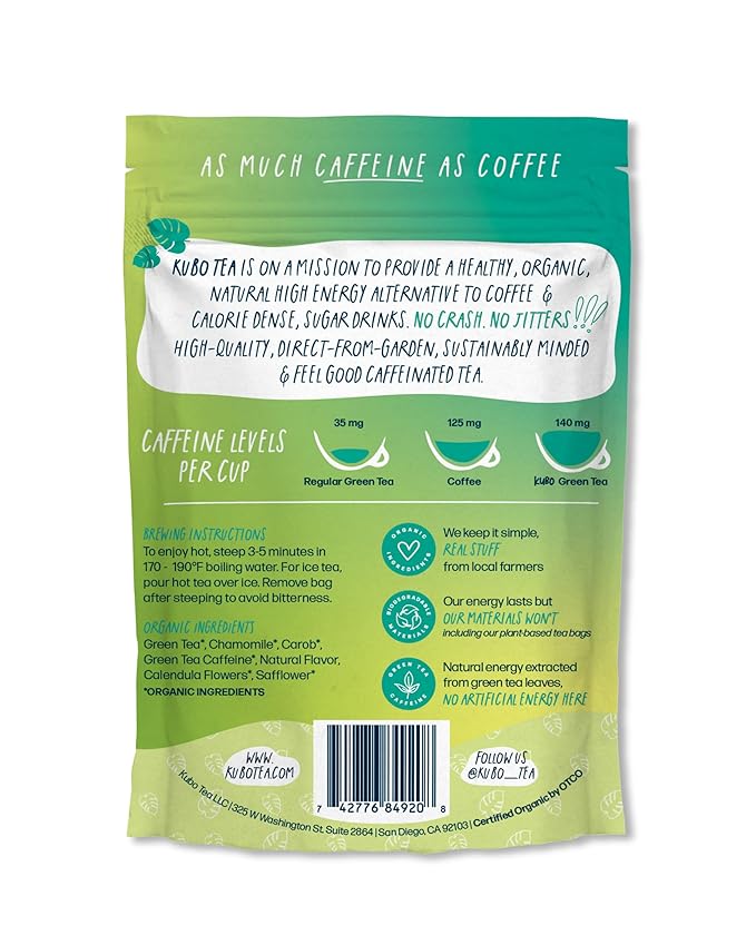 Kubo Tea Tropical Green Tea - Organic High Caffeine Energy Blend - 20 Pyramid Tea Bags (155mg Caffeine each) - Healthy Sugar Free Coffee Substitute for Hot & Iced Drinks - Biodegradable Packaging - Bloomnest