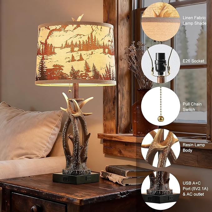 Rustic Farmhouse Antler Table Lamp Set of 2 with USB A+C Ports & AC Outlet Linen Fabric Deer Print Round Shade 27" Bedside Lamp for Living Room Bedroom Cabin Lodge Décor, Pull Chain Deer Antler Lamp - Bloomnest