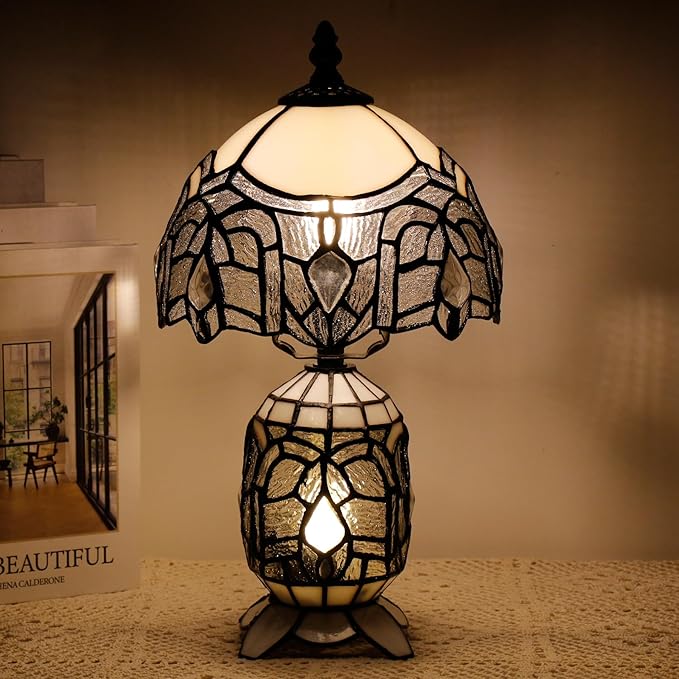 Small Tiffany Lamp Stained Glass Table Lamp Mini Mother Daughter Vase Desk Accent Light for Bedroom Bedside Reading Home Antique Style Decor 8X14 Inches (White) - Bloomnest