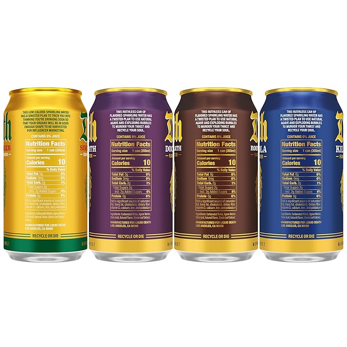 Liquid Death Soda-Flavored Sparkling Water - Classic Variety 2, Less Sugar*, Huge Flavor, No Artificial Sweeteners, 4 Flavors: Sinister Ginger, Doctor Death, Cola, Root Beer, 12 Fl Oz (Pack of 12) - Bloomnest