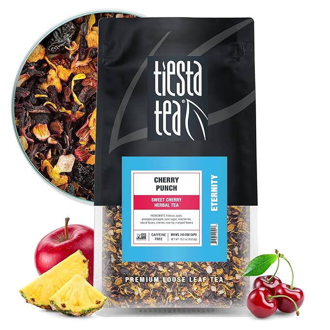 Tiesta Tea - Cherry Punch, Loose Leaf, Sweet Cherry Herbal Tea, Premium Blend, Non-Caffeinated Fruit Blend, Hot or Iced Up to 200 Cups, 16oz Resealable Pouch - Bloomnest