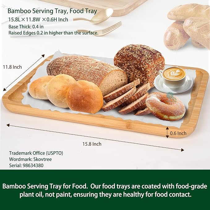 Bamboo Serving Tray, Food Tray for Eating and Serving Coffee, Tea, 15.8x11.8 Inch - Bloomnest