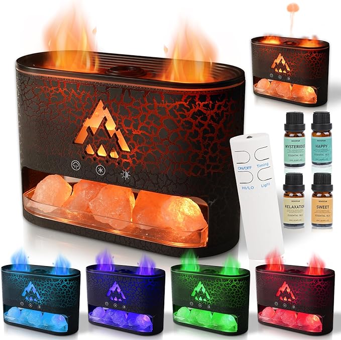 BOHOFAM Essential Oil Diffuser with Himalayan Salt lamp,Double Flame/Jellyfish 2 Mode Aroma Diffuser/Humidifier, Colorful Lights,4 * 10ML Hotel Collection Diffuser Oils Scents,for Home Bedroom(Black)