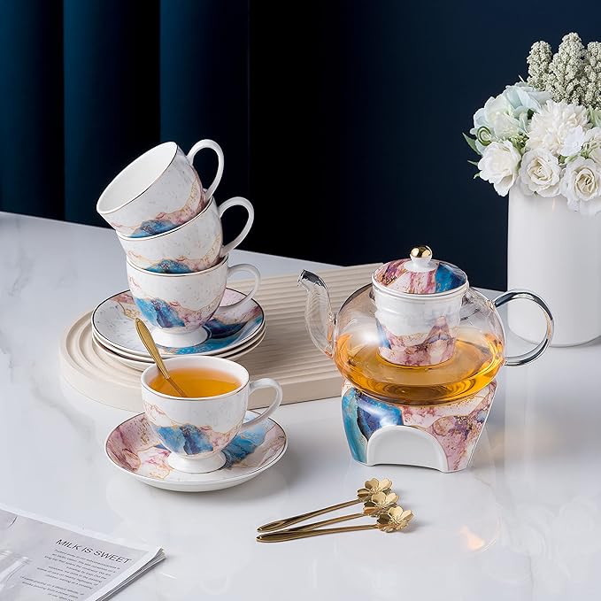 Jusalpha Fine China Rainbow Galaxy Series Glass Tea Pot with Infuser-Teapot Warmer Teacup and Saucer Set with Spoon in Gift Box- 16 pcs in 1 set, (FD Glass pot set 08) - Bloomnest