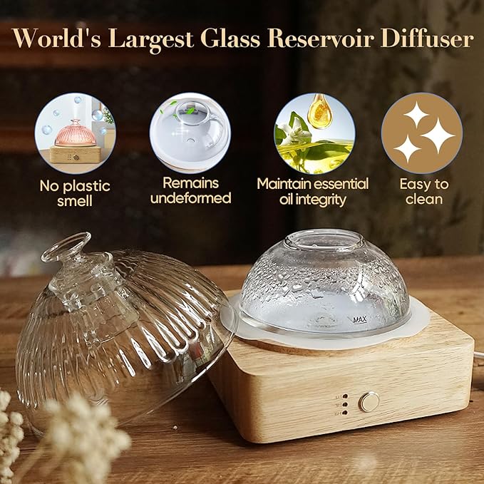 Glass Dome Essential Oil Diffuser with Glass Reservoir & Wood Base-No Plastic, 200ml Ultrasonic Diffuser for Aromatherapy with Timer 7 Color Light Auto-Off for Home Office Yoga Pilates - Bloomnest