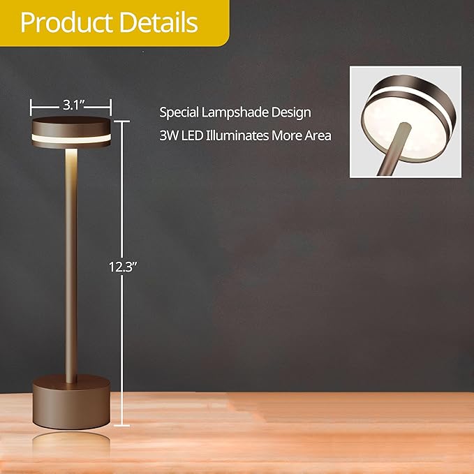 Energy Efficient Portable Rechargeable Bedside Lamp, Touch Stepless Dimmable, Cordless Table Lamp Perfect for Home, Bedroom, Hotel, Restaurant, Bar, Outdoor, 1 Pack (Coffee) - Bloomnest