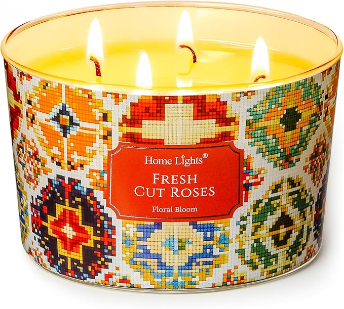 HomeLights 4-Wick Candles for Home Scented - 18oz Soy Wax Blend Candle Long-Lasting Fragrance, Bohemian Natural Textures Home Decor and Housewarming Gifts, Fresh Cut Roses - Bloomnest