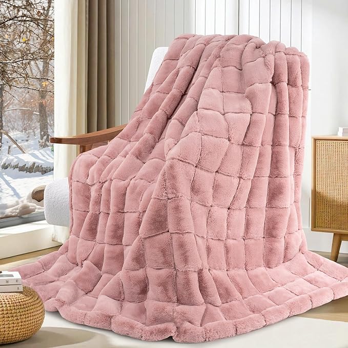 Touchat Faux Fur Blanket Twin, Luxury 1000GSM Ultra Thick Warm Rabbit Blanket for Couch Bed Sofa, 3D Checkered Pattern Soft Winter Heavy Minky Blankets for Women Christmas Birthday Gift, Pink - Bloomnest