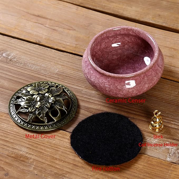 Ceramic Incense Burner with Incense Stick Holder + Insulation use for Stick or Coil Incense, Sage Cones and Frankincense (Violet) - Bloomnest