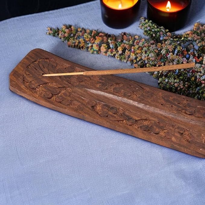 S.B ARTS Wooden Incense Holder with Floral Design - Ash Catcher, Zen Incense Burner Tray - Home Decor Gift Accessories - Yoga Meditation Stand (10 Inches Long) - Bloomnest