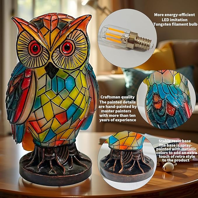Tiffany Style Owl Table Lamps - Hand-Drawn Vintage Resin Colorful Tiffany Owl Lamp for Bedroom Living Room Nursery Office, Whimsical Animal Desk Lamp, Unique Gift for Mom. - Bloomnest