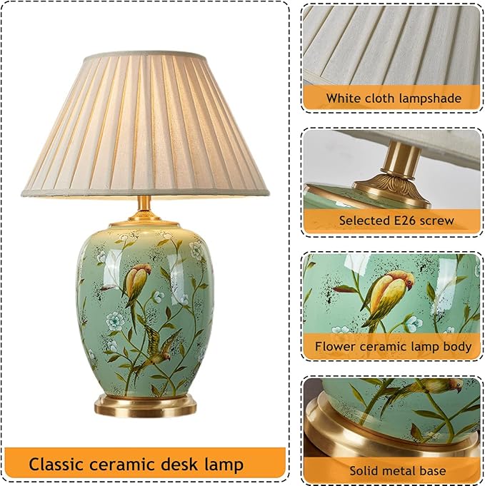 Green Flower and Bird Ceramics Table Lamp 25.5" Chinoiserie Lamp American Handmade Beige Linen Drum Shade Decor for Living Room Bedroom House Bedside Home - Bloomnest