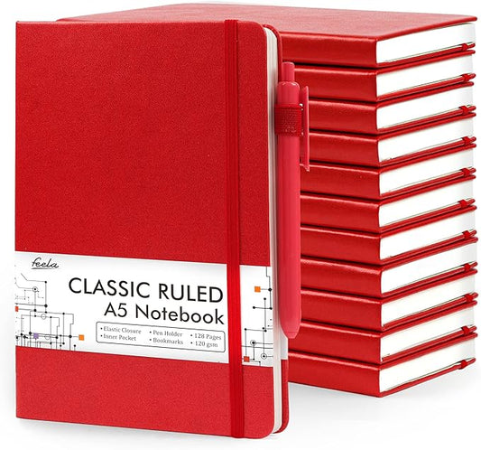 feela 12 Pack Notebooks Journals Bulk with 12 Black Pens, A5 Hardcover Notebook Classic Ruled Journal Set with Pen Holder for School Business Work Travel Writing, 120 GSM, 5.1”x8.3”, Red - Bloomnest