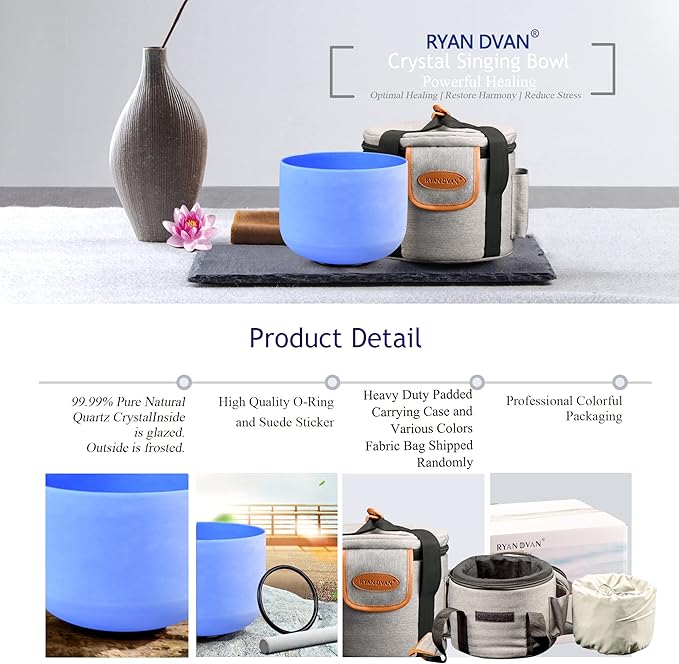 RYAN DVAN 8” G Note Blue Frosted Throat Chakra Crystal Singing Bowl with Free Heavy-Duty Carrying Case and Suede Striker O-Ring - Bloomnest