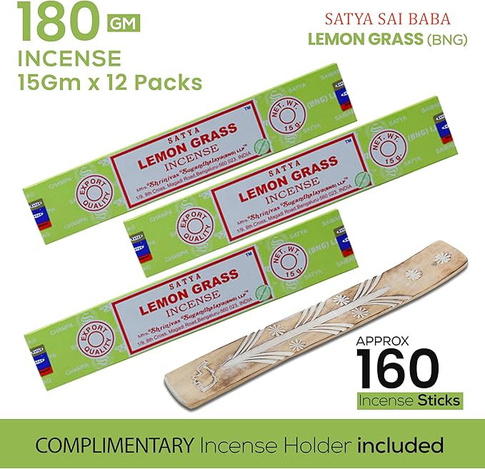 Satya Lemon Grass & Nagchampa Incense - 15gmx12 Pack with Raajsee Incense Holder - Bloomnest