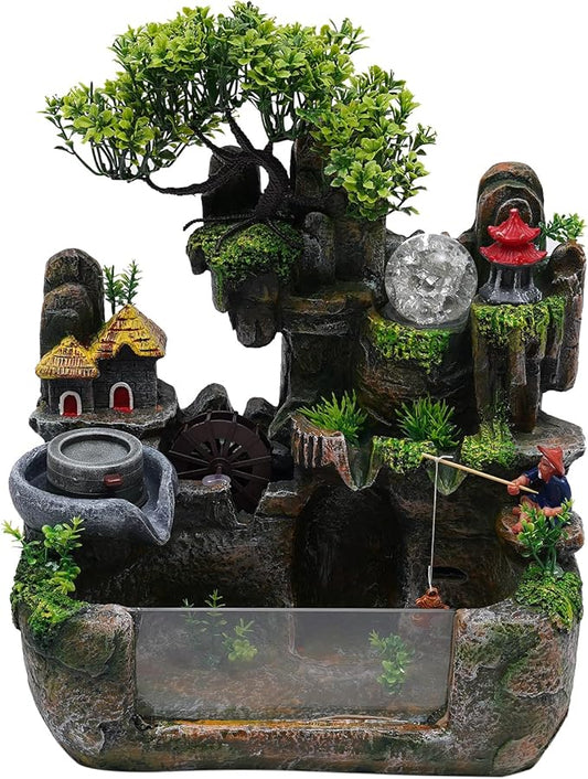 Gdrasuya10 110V Desktop Fountain Fish Tank Mini Waterfall with Fisherman, LED Lighting Fountain Simulation Resin Rockery Water Fountain Bonsai Ornaments for Home, Office, Bedroom, Desk - Bloomnest